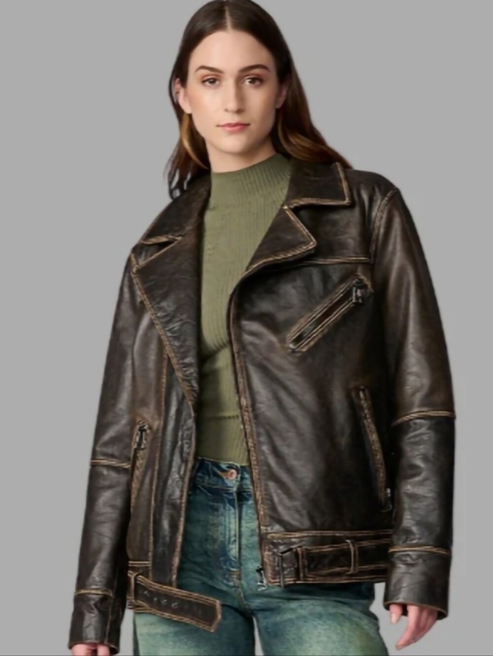 Wilson Stella Womens Distressed Leather Biker Jacket - Dark Brown - Picture 2 of 11